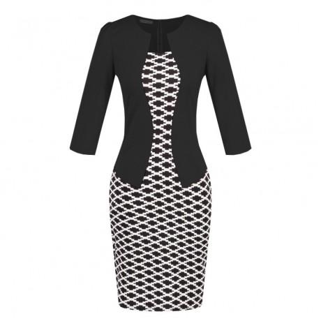 Women's Slim Three Quarter Sleeve Dress False Two Pieces High Waist Pencil Dress With Belt(S-XXXL)