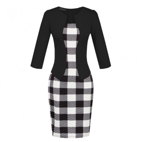 Women's Slim Three Quarter Sleeve Dress False Two Pieces High Waist Pencil Dress With Belt(S-XXXL)