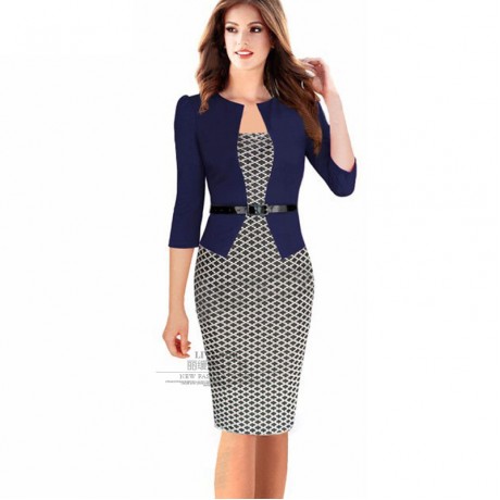 Women's Slim Three Quarter Sleeve Dress False Two Pieces High Waist Pencil Dress With Belt(S-XXXL)
