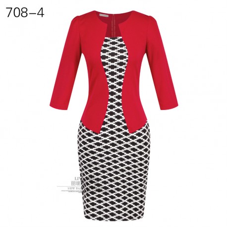 Women's Slim Three Quarter Sleeve Dress False Two Pieces High Waist Pencil Dress With Belt(S-XXXL)