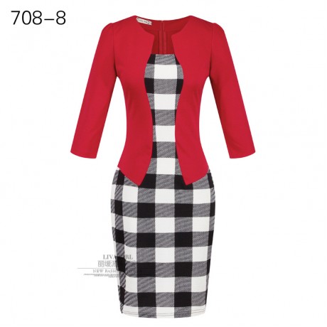 Women's Slim Three Quarter Sleeve Dress False Two Pieces High Waist Pencil Dress With Belt(S-XXXL)