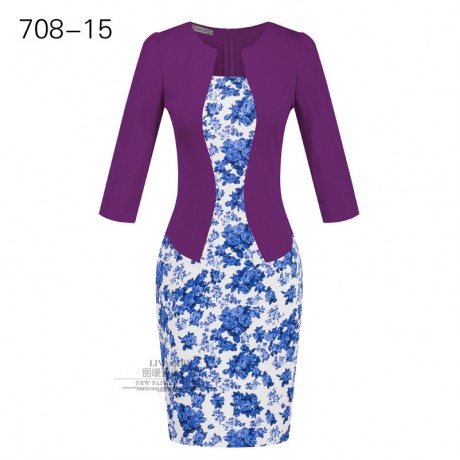 Women's Slim Three Quarter Sleeve Dress False Two Pieces High Waist Pencil Dress With Belt(S-XXXL)