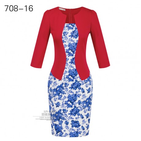 Women's Slim Three Quarter Sleeve Dress False Two Pieces High Waist Pencil Dress With Belt(S-XXXL)