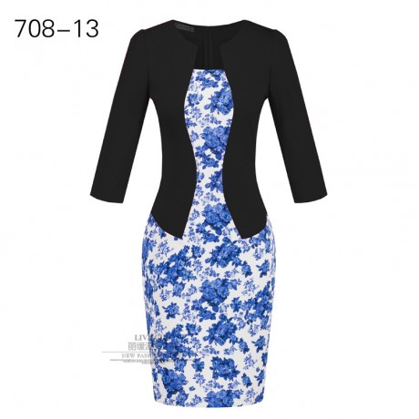 Women's Slim Three Quarter Sleeve Dress False Two Pieces High Waist Pencil Dress With Belt(S-XXXL)