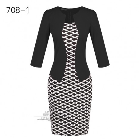 Women's Slim Three Quarter Sleeve Dress False Two Pieces High Waist Pencil Dress With Belt(S-XXXL)