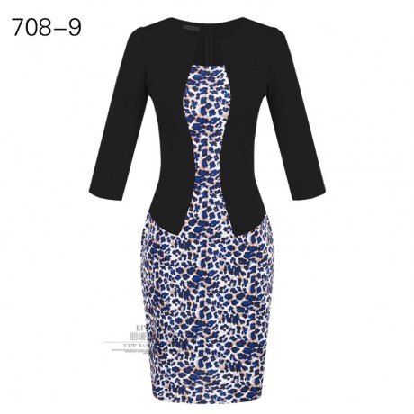 Women's Slim Three Quarter Sleeve Dress False Two Pieces High Waist Pencil Dress With Belt(S-XXXL)