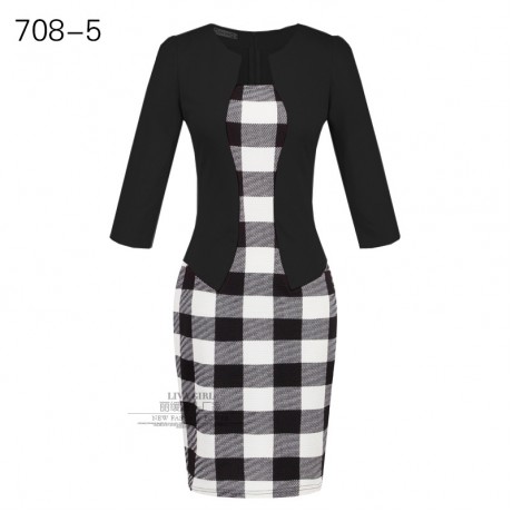 Women's Slim Three Quarter Sleeve Dress False Two Pieces High Waist Pencil Dress With Belt(S-XXXL)