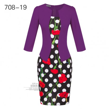 Women's Slim Three Quarter Sleeve Dress False Two Pieces High Waist Pencil Dress With Belt(S-XXXL)