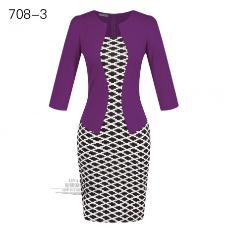 Women's Slim Three Quarter Sleeve Dress False Two Pieces High Waist Pencil Dress With Belt(S-XXXL)