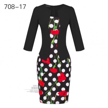 Women's Slim Three Quarter Sleeve Dress False Two Pieces High Waist Pencil Dress With Belt(S-XXXL)