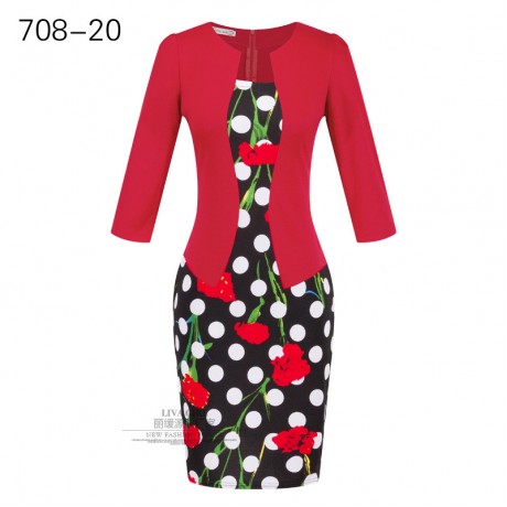 Women's Slim Three Quarter Sleeve Dress False Two Pieces High Waist Pencil Dress With Belt(S-XXXL)