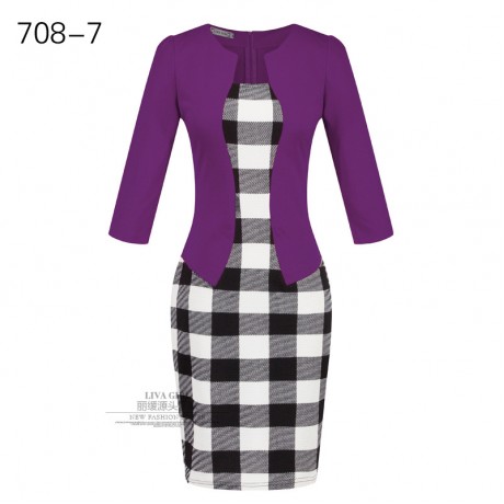 Women's Slim Three Quarter Sleeve Dress False Two Pieces High Waist Pencil Dress With Belt(S-XXXL)