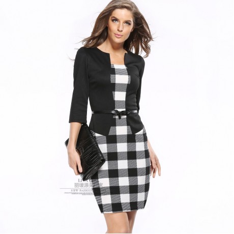 Women's Slim Three Quarter Sleeve Dress False Two Pieces High Waist Pencil Dress With Belt(S-XXXL)