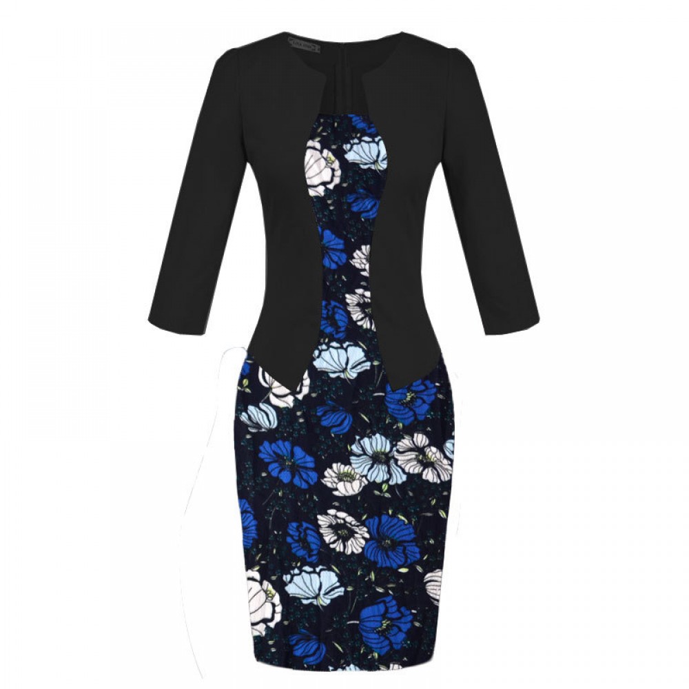 Women's Slim Three Quarter Sleeve Dress False Two Pieces High Waist Pencil Dress With Belt(S-XXXL)