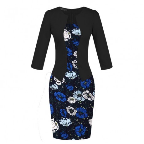Women's Slim Three Quarter Sleeve Dress False Two Pieces High Waist Pencil Dress With Belt(S-XXXL)