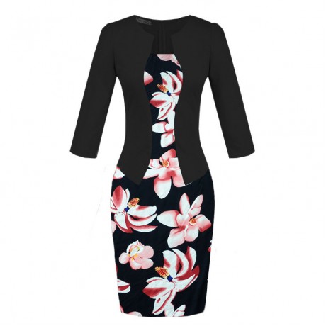 Women's Slim Three Quarter Sleeve Dress False Two Pieces High Waist Pencil Dress With Belt(S-XXXL)