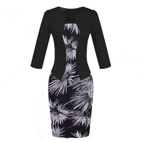 Women's Slim Three Quarter Sleeve Dress False Two Pieces High Waist Pencil Dress With Belt(S-XXXL)
