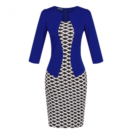Women's Slim Three Quarter Sleeve Dress False Two Pieces High Waist Pencil Dress With Belt(S-XXXL)