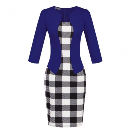Women's Slim Three Quarter Sleeve Dress False Two Pieces High Waist Pencil Dress With Belt(S-XXXL)