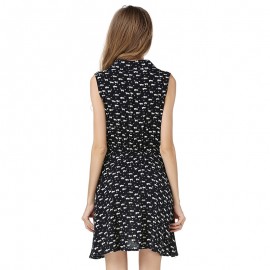 Women's Casual Sleeveless Printed Pleated Dress Lapel High Waist Free Belt Mini Dress(S-XL) 