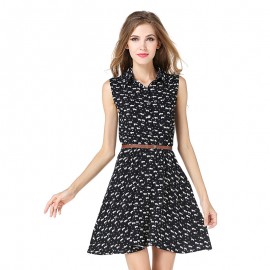 Women's Casual Sleeveless Printed Pleated Dress Lapel High Waist Free Belt Mini Dress(S-XL) 