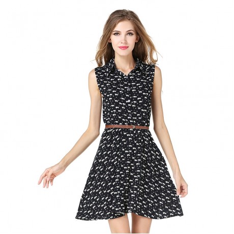 Women's Casual Sleeveless Printed Pleated Dress Lapel High Waist Free Belt Mini Dress(S-XL)