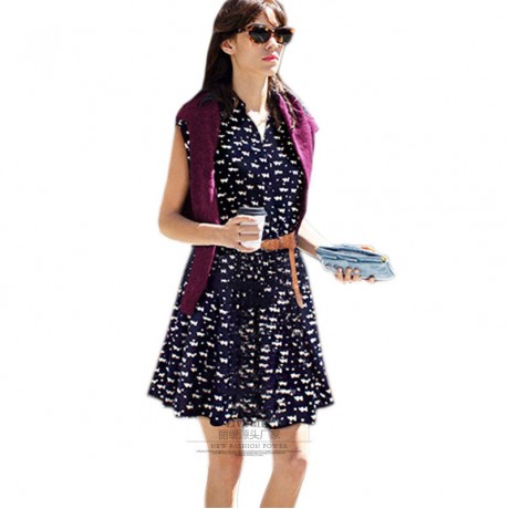 Women's Casual Sleeveless Printed Pleated Dress Lapel High Waist Free Belt Mini Dress(S-XL)