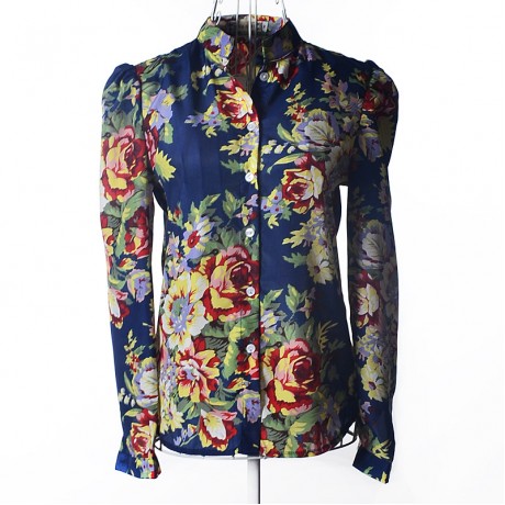 Women's Sexy Chiffon Long Sleeve T Shirt Floral Stand Collar Button-down Tops Blouses(S-XL)