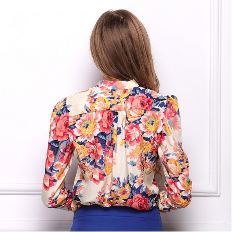 Women's Sexy Chiffon Long Sleeve T Shirt Floral Stand Collar Button-down Tops Blouses(S-XL)