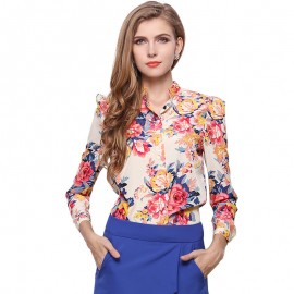 Women's Sexy Chiffon Long Sleeve T Shirt Floral Stand Collar Button-down Tops Blouses(S-XL) 