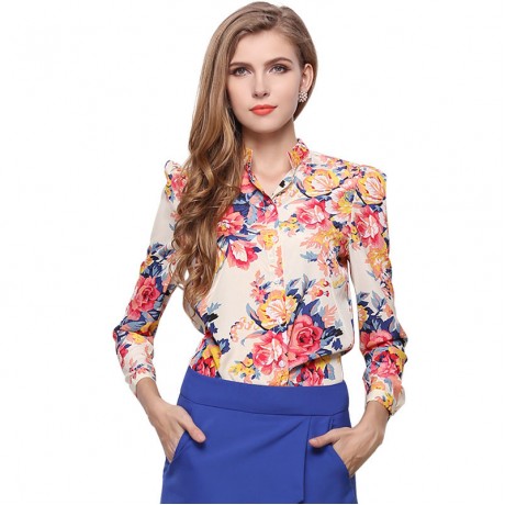 Women's Sexy Chiffon Long Sleeve T Shirt Floral Stand Collar Button-down Tops Blouses(S-XL)
