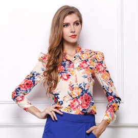 Women's Sexy Chiffon Long Sleeve T Shirt Floral Stand Collar Button-down Tops Blouses(S-XL) 