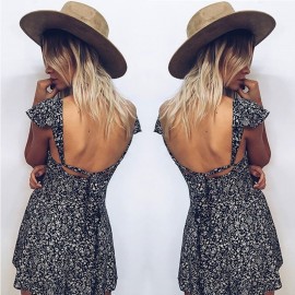 Women's Casual Sleeveless Floral Dress Square Collar Backless A-Line Mini Dress(S-XXL) 