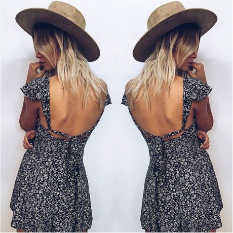 Women's Casual Sleeveless Floral Dress Square Collar Backless A-Line Mini Dress(S-XXL)