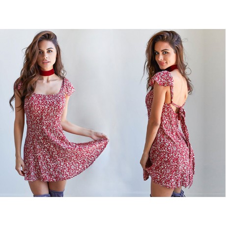 Women's Casual Sleeveless Floral Dress Square Collar Backless A-Line Mini Dress(S-XXL)