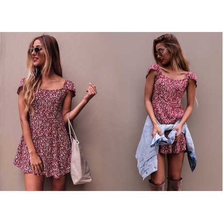 Women's Casual Sleeveless Floral Dress Square Collar Backless A-Line Mini Dress(S-XXL)