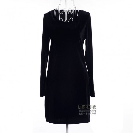 Women's Slim Long Sleeve Scoop Neck Dress Pleuche Solid High Waist A-Line Autumn Dress(S-L)