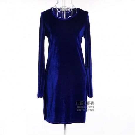 Women's Slim Long Sleeve Scoop Neck Dress Pleuche Solid High Waist A-Line Autumn Dress(S-L)