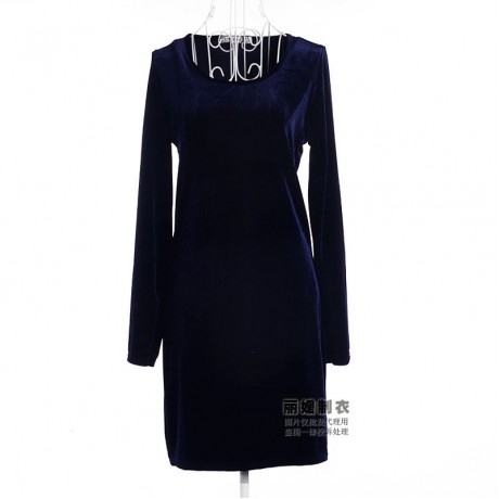 Women's Slim Long Sleeve Scoop Neck Dress Pleuche Solid High Waist A-Line Autumn Dress(S-L)