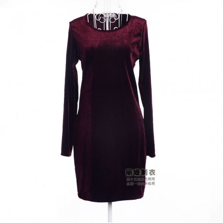 Women's Slim Long Sleeve Scoop Neck Dress Pleuche Solid High Waist A-Line Autumn Dress(S-L)