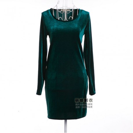 Women's Slim Long Sleeve Scoop Neck Dress Pleuche Solid High Waist A-Line Autumn Dress(S-L)