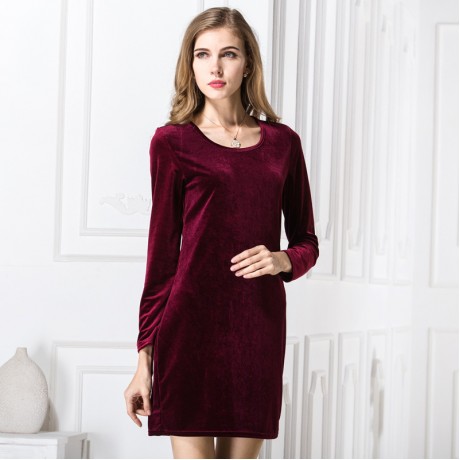 Women's Slim Long Sleeve Scoop Neck Dress Pleuche Solid High Waist A-Line Autumn Dress(S-L)