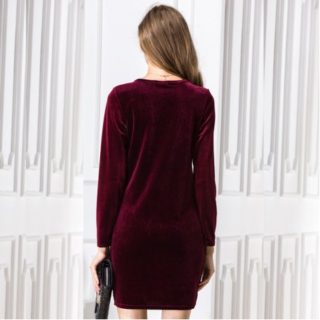 Women's Slim Long Sleeve Scoop Neck Dress Pleuche Solid High Waist A-Line Autumn Dress(S-L)
