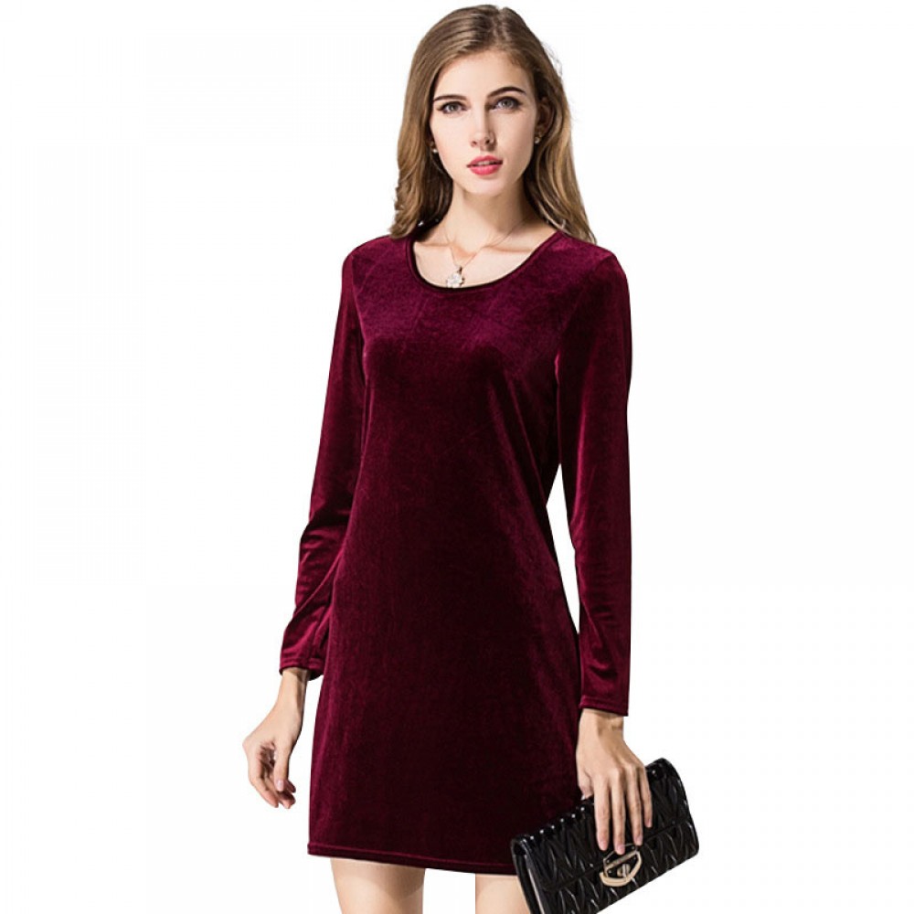 Women's Slim Long Sleeve Scoop Neck Dress Pleuche Solid High Waist A-Line Autumn Dress(S-L)