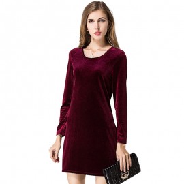 Women's Slim Long Sleeve Scoop Neck Dress Pleuche Solid High Waist A-Line Autumn Dress(S-L)
