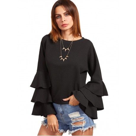 Women's Round Neck Ruffle Long Sleeve Blouse