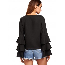 Women's Round Neck Ruffle Long Sleeve Blouse 
