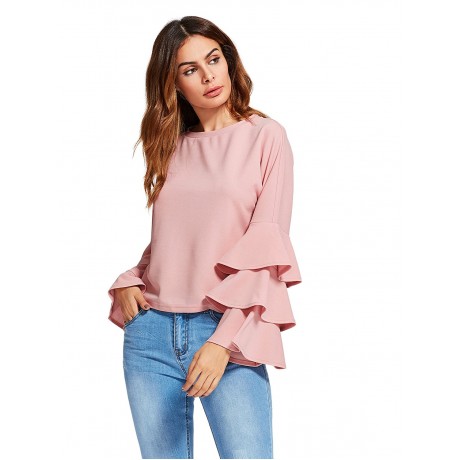 Women's Round Neck Ruffle Long Sleeve Blouse