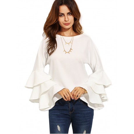Women's Round Neck Ruffle Long Sleeve Blouse