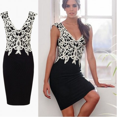 Women's Sexy Deep V Neck Mini Hips-Wrapped Bodycon Pencil Dress Black